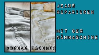 Gerissene Jeans reparieren für Anfänger geeignet nähen flicken Loch Gesässtasche Nachhaltigkeit [upl. by Elbring]