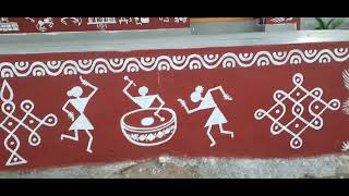 Warli art wall painting  traditional warli painting work in farmhouse [upl. by Ariam213]