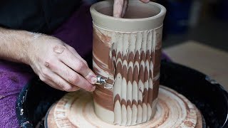 ASMR Pottery  Carving a Fluted Agateware Jar [upl. by Lebasile]