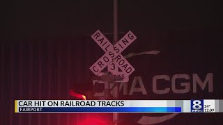 Train smashes into car in Fairport drags it half a mile [upl. by Ecarret]