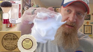 How to lather Mitchells Wool Fat with synthetic shave brush [upl. by Dearden140]