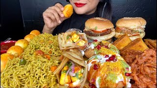 ASMR EATING MAGGI MASALA NOODLESMASALA EGGSDAHI KACHORIONION PAKORAALOO TIKKI BURGER [upl. by Lleirbag]