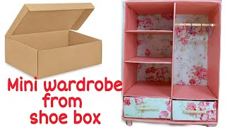 DIY How to make Miniature Wardrobe Closet with shoe box  Miniature Furniture barbiedoll furniture [upl. by Ahsemed]