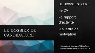 Dossier de candidature de chef détablissement  CV le rapport dactivité et lettre de motivation [upl. by Stiruc]