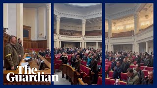 Ukraine MPs sing national anthem in parliament in Kyiv [upl. by Ydisahc41]