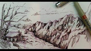 Pen and Ink Drawing Tutorials  How to draw a mountain landscape [upl. by Komsa]