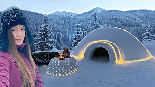 Solo overnight in Snow shelter  IGLOO Winter bushcraft camping  Survival camp [upl. by Boy]