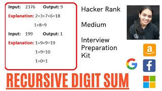 Recursive Digit Sum HackerRank Interview Preparation Kit Recursion [upl. by Engamrahc]