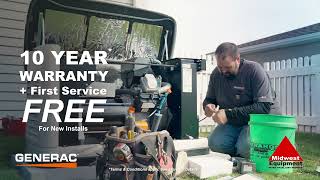 Generac 10Year Warranty amp First Service Free with Midwest Equipment [upl. by Adeuga]