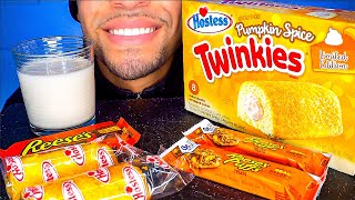 ASMR Reeses Twinkies Peanut Butter Chocolate Cup Pumpkin Spice Flavor Eating Drinking Milk [upl. by Dreddy340]