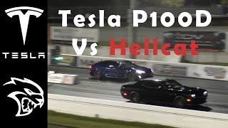 Tesla Model S P100D Vs Dodge Hellcat  Drag Race [upl. by Depoliti]