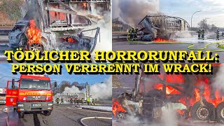 TÖDLICHER HORRORUNFALL AUTO RAST UNTER 40TONNER  BEIDE GEHEN IN FLAMMEN AUF  FEUERWEHR  A7 [upl. by Gratiana954]