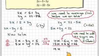 Solving simultaneous equations by rearranging before elimination [upl. by Beauvais618]