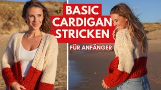 Strickjacke stricken für Anfänger  Anleitung für einfachen Basic Cardigan [upl. by Odnarb]