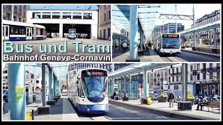 Tram und Busse beim Bahnhof GenèveCornavin Stadt Genf Schweiz 2021 [upl. by Nauqet]