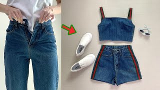 Refashion DIY Denim set from old jeans  crop top amp shorts  upsize jeans [upl. by Aydidey]