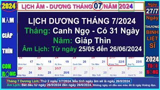 Lịch âm dương tháng 7 năm 2024 Lịch vạn niên và những ngày lễ trong tháng 72024 [upl. by Mariette353]