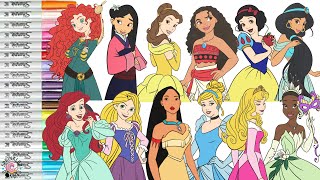 Disney Princess Coloring Book Compilation Official Princesses Tiana Mulan Ariel Aurora Jasmine Belle [upl. by Lux]