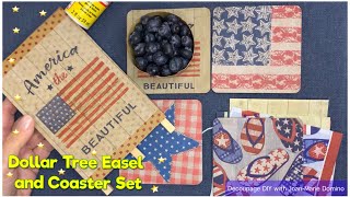 Decoupage a Dollar Tree Patriotic Easel 🇺🇸  Matching Coaster Set  Easy Mod Podge amp Napkins ❤️💙 [upl. by Nauqet]