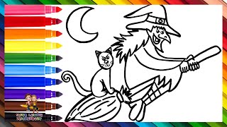 Wie man eine Hexe zeichnet 🧙‍♀️🧹 Zeichnen und Ausmalen einer Hexe mit ihrer Katze 🐈‍⬛🪄🌈 [upl. by Ainalem]