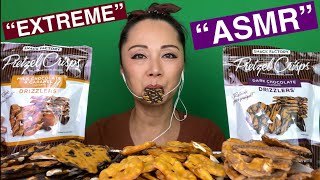 ASMR EXTREME EATING SOUNDS PRETZEL CRISPS DARK CHOCOLATE quotCARAMEL DRIZZLEDquot CRUNCH 먹방 프레첼 [upl. by Bores]