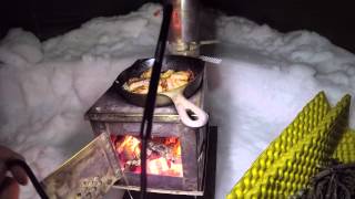 Hot Tent BushCraft Wood Stove Dinner Winter Overnight Backpacking [upl. by Nysilla]