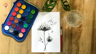 Drawing Black White Flower With Giotto Water Colour [upl. by Otaner]