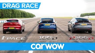 Jaguar IPace vs Tesla Model X 100D amp P100D  DRAG RACE ROLLING RACE AND BRAKE TEST [upl. by Yahiya296]