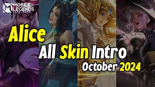 Alice 2024  All Skin Intro Animation  Mobile Legends Hero Skin Showcase [upl. by Henrieta349]