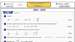 Contrôle N 1 1ère Semestre 2024  2025 3ème Année Collège Maths 3AC [upl. by Haduhey919]