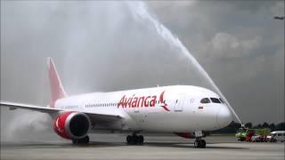 Avianca First B787 Landing and Water Cannon Welcome at Bogota el Dorado Intl Airport [upl. by Ahsikyw]