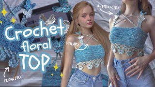 Crochet floral top with butterflies 🦋😍beginner friendly ✨ [upl. by Chuah183]