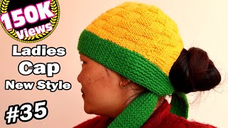 How to Knit Ladies Cap With RibbonMuffler Style  Ladies Topi Bunne Tarika  CapHatTopi Design 35 [upl. by Xavler]