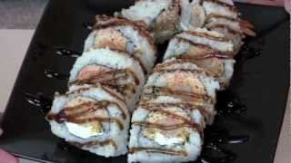 Shrimp Tempura Sushi Roll with Spicy Crab and Eel Sauce [upl. by Dnalor]