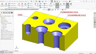 Create a Hole Using Hole Wizard in Solidworks Simple Hole Countersink Hole and Counterbore Hole [upl. by Zaneta]