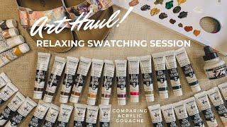 ART HAUL amp UNBOXING Chatty swatching session Acrylic gouache comparison  my art on Birkenstocks [upl. by Harias]