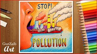 Stop pollution poster drawing  chart project making ideas on pollution  step by step  very easy [upl. by Aleil]