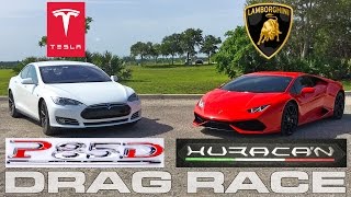 Tesla Model S P85D Ludicrous vs Lamborghini Huracan LP6104 Drag Race [upl. by Ecissej393]