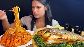 GREEK SHRIMP PASTA amp GRILLED FISH  MUKBANG  ASMR  EATING SOUNDS [upl. by Asirac94]