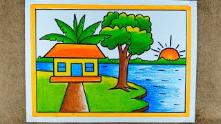 গ্রামের দৃশ্য আঁকাvillage scenery drawing with pencil colourstep by step scenery drawing [upl. by Nova]