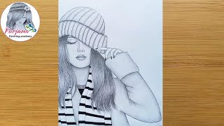 How to draw a girl wearing winter cap for beginners  Pencil sketch  bir kız nasıl çizilir [upl. by Dincolo]