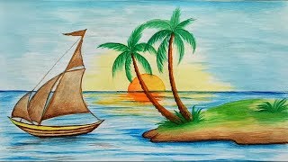 How to draw scenery of Island with water colour step by step [upl. by Elumas826]