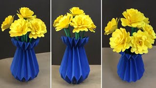 EASY PAPER FLOWER VASE  PAPER FLOWER VASE MAKING STEP BY STEP  HOME DECOR IDEAS [upl. by Nannek237]