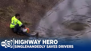 HIGHWAY HERO Faced with flood man singlehandedly saves motorists [upl. by Cohby]