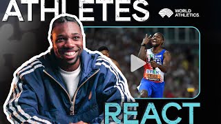 Noah Lyles reacts to 🇺🇸s 4x100m gold  Athletes React [upl. by Dulsea549]