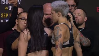 Irene Aldana vs Macy Chiasson  Weighin FaceOff  UFC 279 Diaz vs Ferguson  rWMMA [upl. by Bodi]