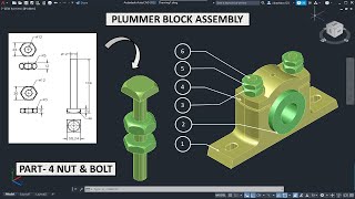 Plummer block Assembly in AutoCAD Part  4 Nut amp Bolt [upl. by Eimiaj]