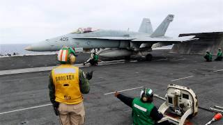 FA18 Takeoff from USS RONALD REAGAN CVN76 [upl. by Kubis542]