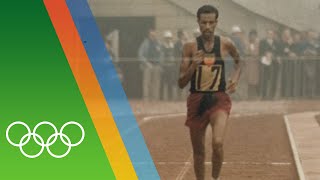 Abebe Bikila wins Marathon barefooted  Epic Olympic Moments [upl. by Aynosal]