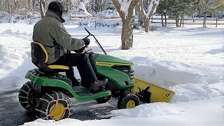 Snow Plowing With Lawn Tractor Blade Attachment John Deere 2021 S120 [upl. by Eedissac]